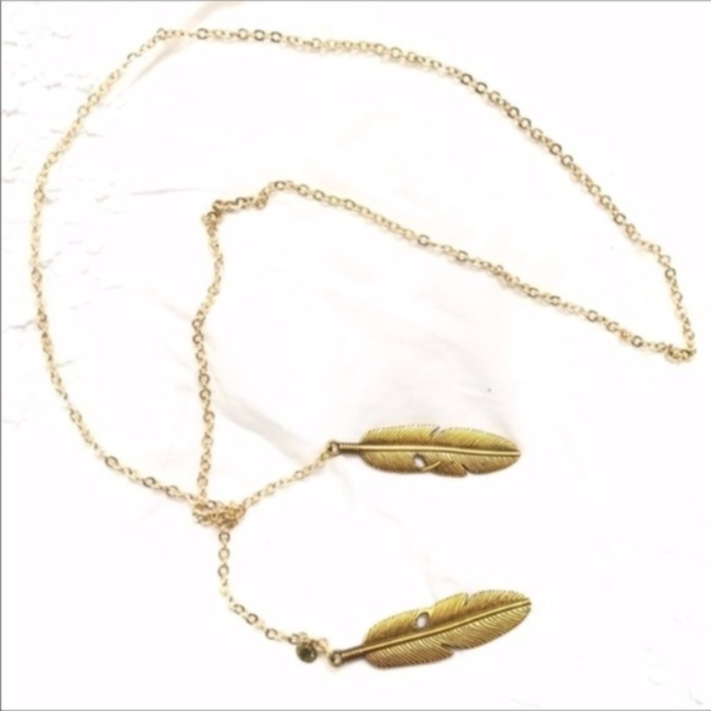 Gold Plated Boho Feather Lariat Long Wrap Necklace